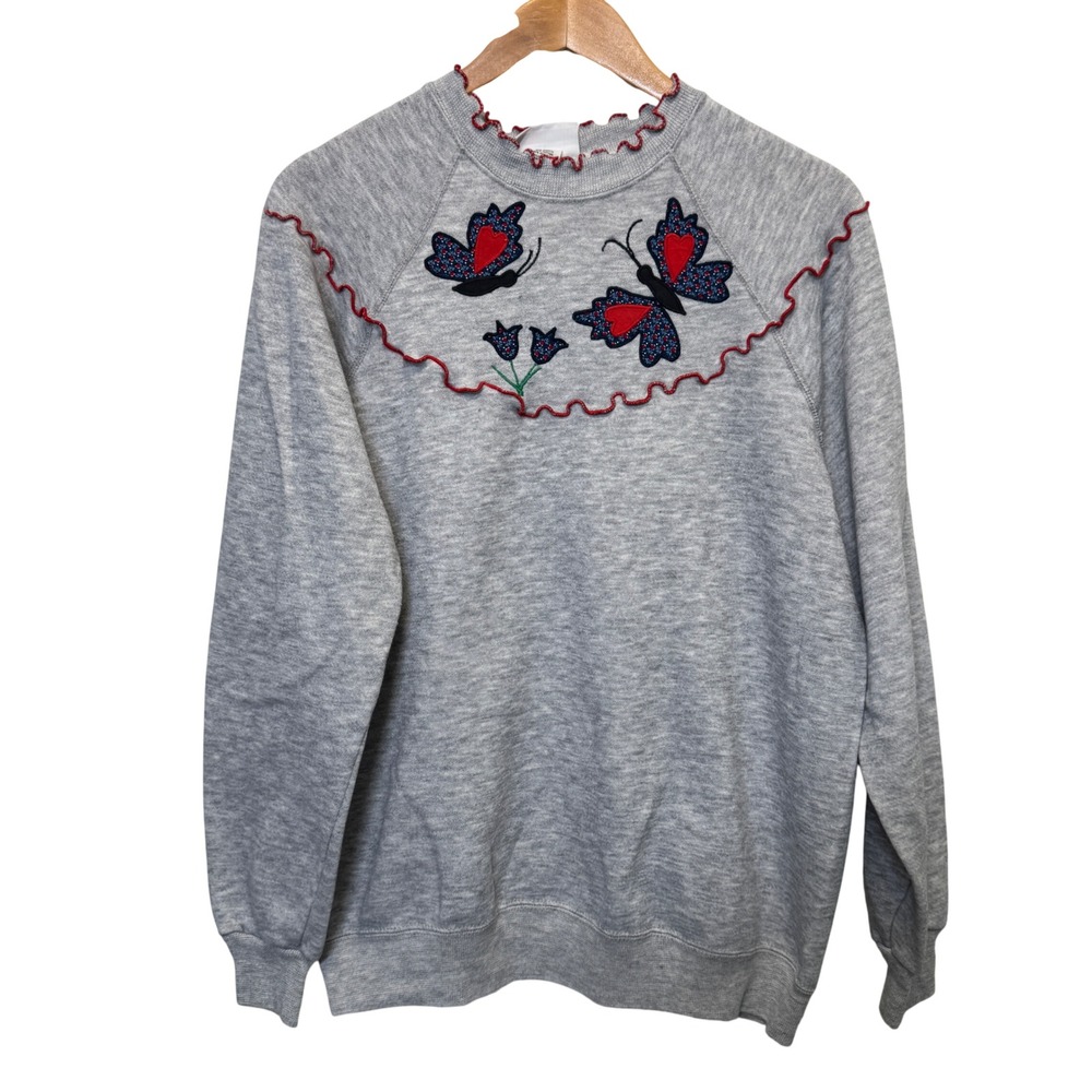 Vtg Bassett-Walker Sweatshirt XL Gray Butterfly Ruffle Trim Cottagecore USA